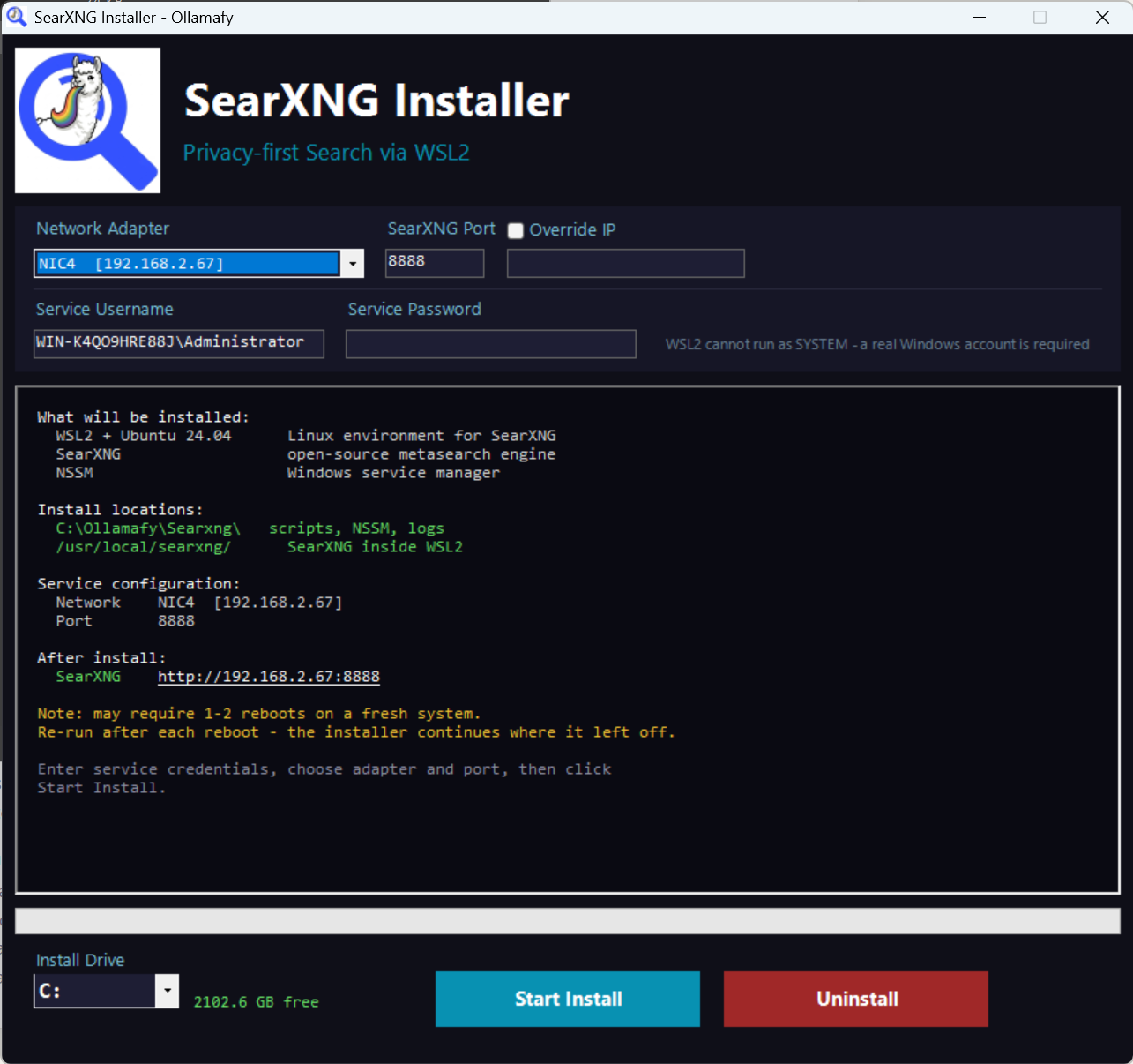 Ollamafy SearXNG installer screenshot